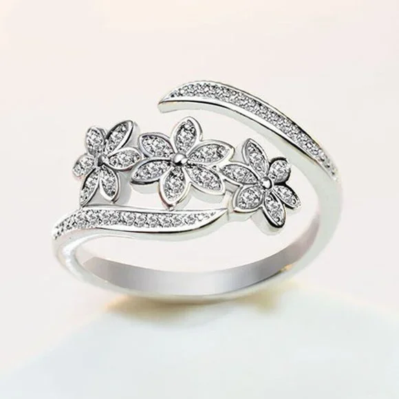 New Sterling Silver CZ Flower Open Ring - Picture 3 of 5